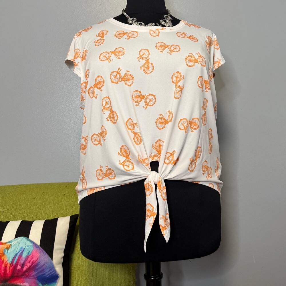 Emaline White Orange Bicycle Print Tie Waist Shirt 2X